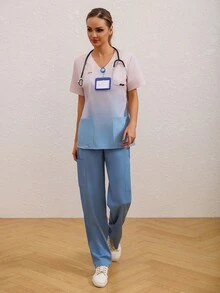 Ombre V-Neck Scrub Top With Pocket And Pants Scrub Uniform Set - Multicolor - View 4