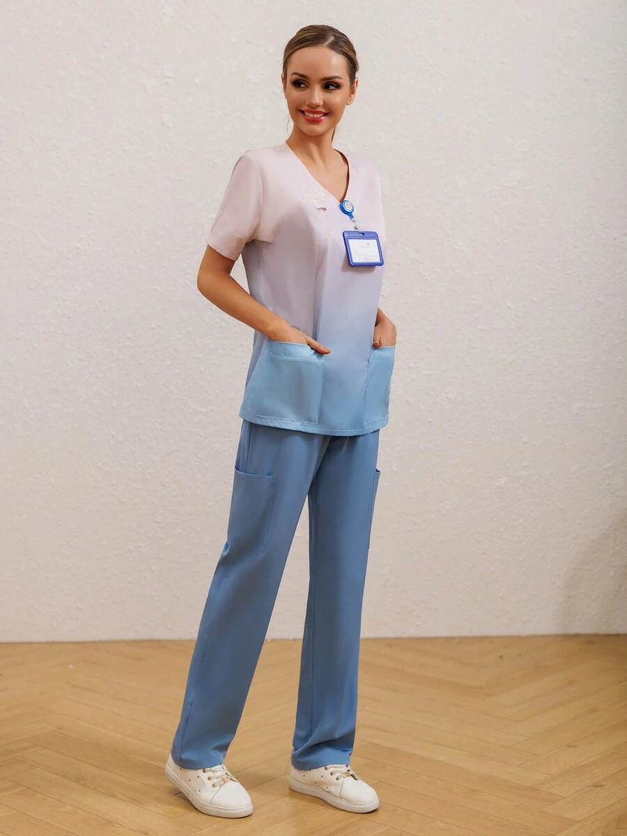 Ombre V-Neck Scrub Top With Pocket And Pants Scrub Uniform Set - Multicolor - View 1