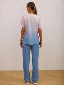 Ombre V-Neck Scrub Top With Pocket And Pants Scrub Uniform Set - Multicolor - View 3