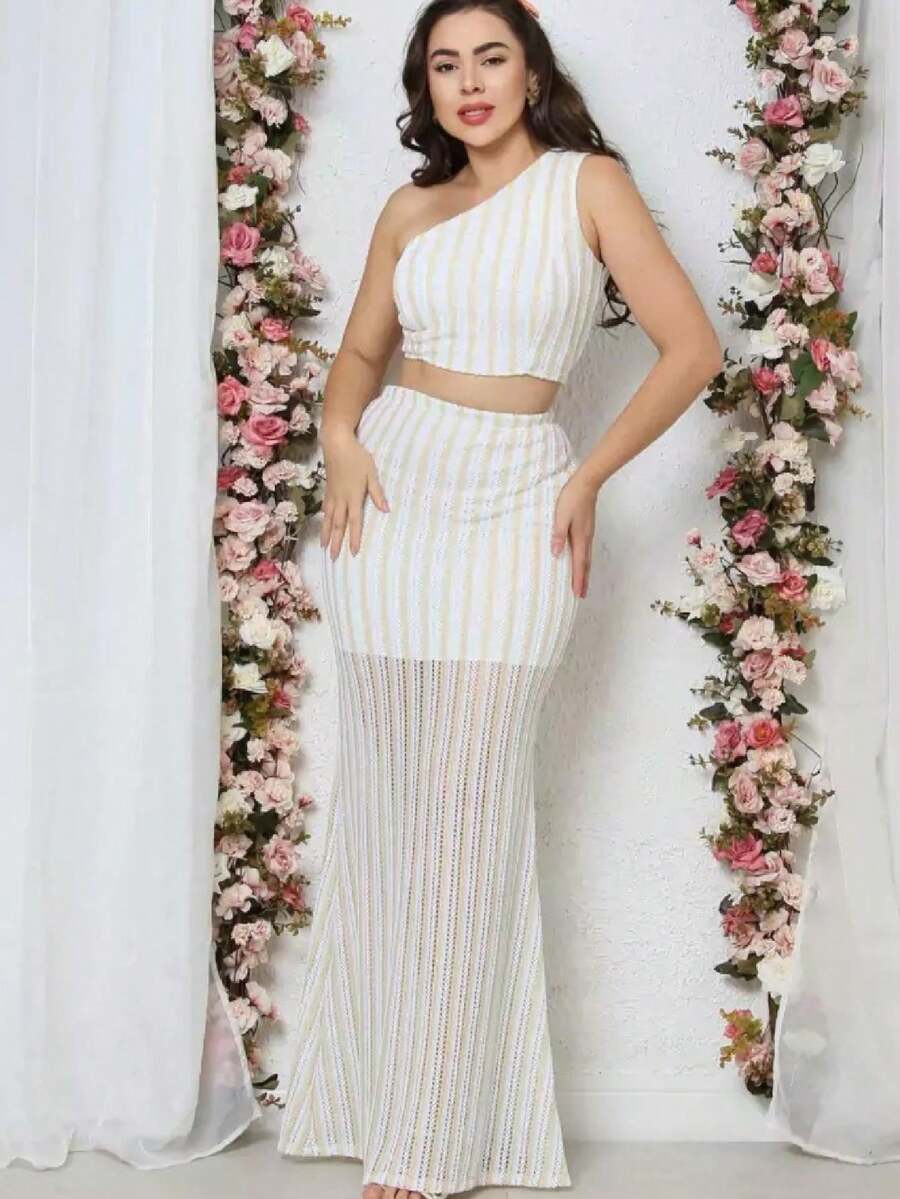Striped Cropped Set Zero Sleeve And Long Mermaid Skirt Fishnet Lace Women's Fashion Elegant Summer Party - 白色 - 查看 1