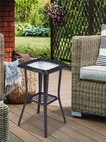 2-Story Outdoor Wicker Glass Top Table With Storage Space And Patio Decor Furniture