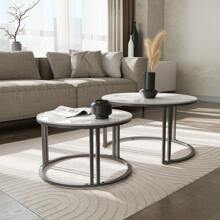 Set Of 2 Round Modern Nesting Table White Ice Jade Slate Accent Tables With Reinforced Metal Frame - White Ice Jade - View 5