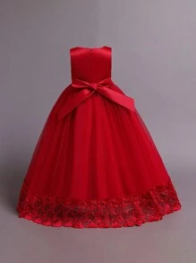 Tween Girls Solid Color Tulle 3D Floral Elegant Formal Dress, Suitable For Weddings And Parties, Excluding Headband - 酒紅色 - 查看 2