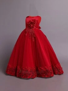 Tween Girls Solid Color Tulle 3D Floral Elegant Formal Dress, Suitable For Weddings And Parties, Excluding Headband - 酒紅色 - 查看 3