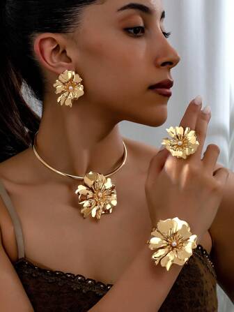 1 set elegant retro europeisk och amerikansk stil 3D rostfritt stål halsband, armband, ring, örhängen smyckeset, trendigt mångsidigt lyxigt exklusivt kvinnors rostfritt stål smycken, lämplig för damer, par, fest, bankett, vardagskläder