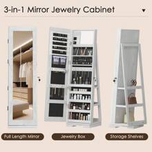 Soges 360° Swivel Jewelry Mirror Cabinet With Back Storage Shelves, Full Length Mirror With Jewelry Storage, Standing Rotating Jewelry Organizer Armoire Lockable Home Decor Back To School Room Decor School Supplies