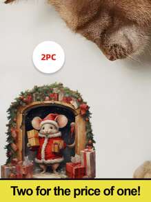 2 pièces Sticker mural de Noël souris avec cadeaux, autocollant mural PVC imperméable, autocollants adhésifs pour décoration de maison pour salon, chambre à coucher, salle de classe, salle de bain, décoration de vacances saisonnière