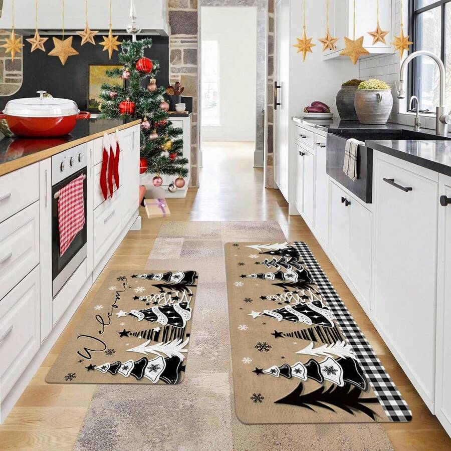 1/2pcs Thickened 0.47 Inch/1.2cm Black And White Checkered Christmas Tree Kitchen Mat Set - Stain & Slip Resistant, Memory Foam Cushioned For Comfort, Waterproof Soft Runner Rugs For Living Room, Bedroom, Hallway, Bathroom - Machine Washable Holiday Decor,Christmas Decoration - Multicolor - View 1