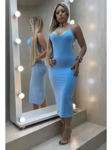 Women's Midi Dress With Slit, Backless, Straps, Draped On The Bum, Tube Top, Summer Fashion - Màu xanh nhạt - Xem 6
