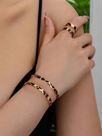 1set 2pcs Fashion Leopard Print Bracelet & Ring Set, Simple & Exaggerated Style Jewelry Suit For Women, Suitable For Daily, Vacation, Party