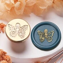 动植物蜡封印章 0.98' 实心黄铜雕刻印章，花朵，树木，蝴蝶，蘑菇，草莓可拆卸蜡封印章头用于装饰笔记本礼品贺卡和请柬（无手柄） - 金色 - 查看 19