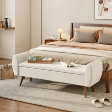 LIVINGANDHOME Living And Home Linen Upholstered Storage Bench - 151cm W x 47cm D x 55cm H  Beige - View 3
