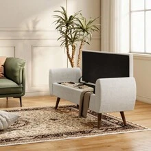 LIVINGANDHOME Living And Home Linen Upholstered Storage Bench - 151cm W x 47cm D x 55cm H  Beige - View 6