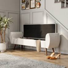 LIVINGANDHOME Living And Home Linen Upholstered Storage Bench - 151cm W x 47cm D x 55cm H  Beige - View 5