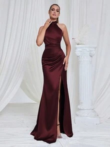 Vintage Elegant High Collar Halter Satin Slit Fishtail Evening Dress Wedding Party - Burgundy - View 2