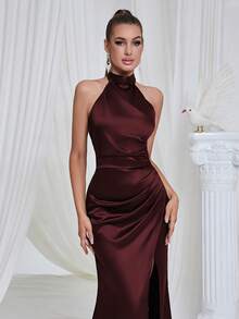 Vintage Elegant High Collar Halter Satin Slit Fishtail Evening Dress Wedding Party - Burgundy - View 3