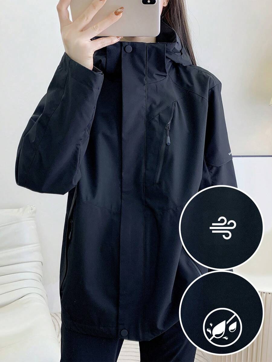 Solid Color Spring Autumn Women Softshell Jacket, Outdoor Windproof Waterproof Running Hiking Breathable Long Sleeve Coat - Black - View 1