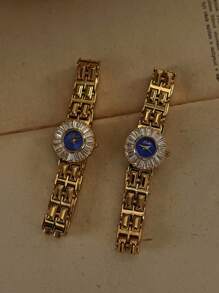 1 Đồng hồ thời trang hình vuông cổ điển tông vàng đính đá Rhinestone & Zirconia cho nữ, dây đeo bằng thép không gỉ, thích hợp để đeo hàng ngày, dự tiệc, tụ họp và sự kiện - Bao gồm công cụ điều chỉnh - Màu xanh lam - Xem 4