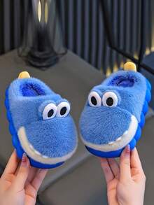 1 双儿童卡通恐龙家居拖鞋，男童女童室内保暖一脚蹬鞋，适合秋冬季 - 藍色 - 查看 4