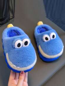 1 双儿童卡通恐龙家居拖鞋，男童女童室内保暖一脚蹬鞋，适合秋冬季 - 藍色 - 查看 5