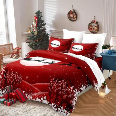 3st påslakanset med jultema (1*påslakan + 2*kuddfodral, utan kärna) - Blixtlås, med jultomte-, ren- och cederträdsdesign, alla årstider, mjukt, andningsbart och allergivänligt vintertema julinredning Present till sovrummet