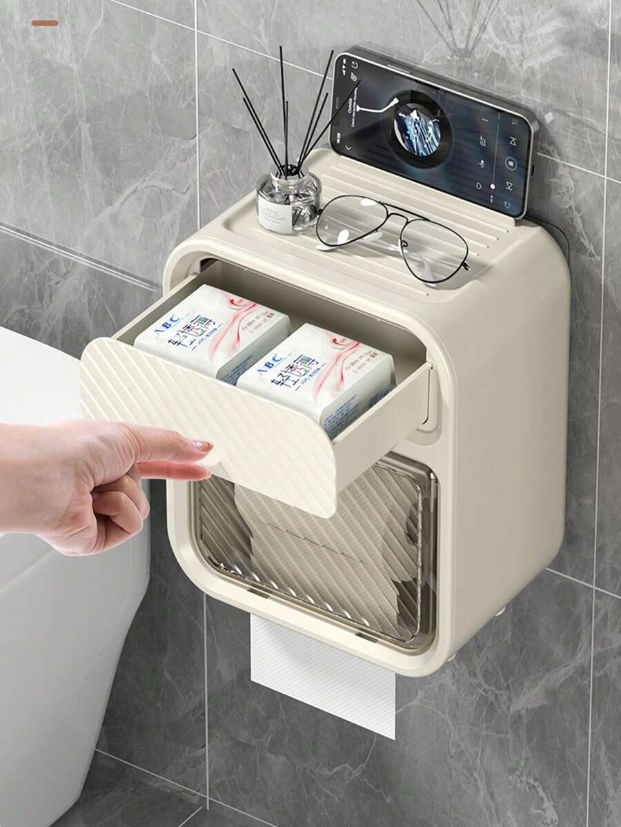 1pc Wallmount Waterproof Bathroom Tissue Box, Multi-Functional Paper Towel Holder For Kitchen Home Bathroom Decor Bathroom Organizer Fall Decor Back To School - Multicolor - View 1