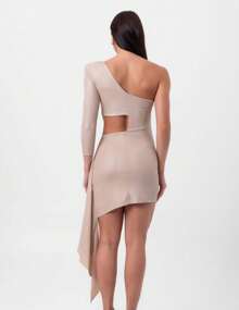 Short Lurex Dress With Train And Twist In Beige Labrava - 米色 - 查看 2