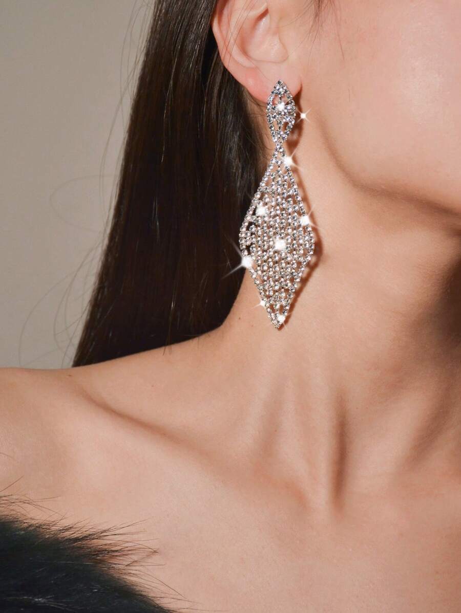 時尚誇張發亮爪鏈條水鑽菱形懸垂耳環耳朵裝飾 - 銀色 - 查看 1