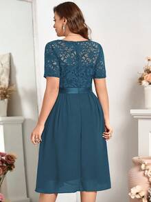 Plus Size Floral Lace V-Neck Ruffle Hem A-Line Semi-Formal Party Midi Dress - Dusty Blue - View 3