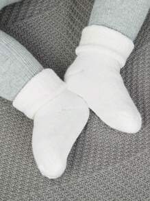 5pairs Baby Solid Color Thick Warm Turnover Cuff Socks, Fall & Winter - White - View 4