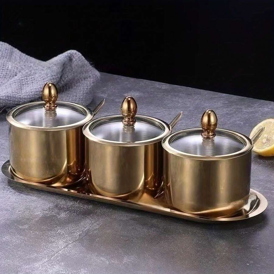 3 Seasoning Cans, Stainless Steel Sugar Cans (With Glass Lid And Spoon