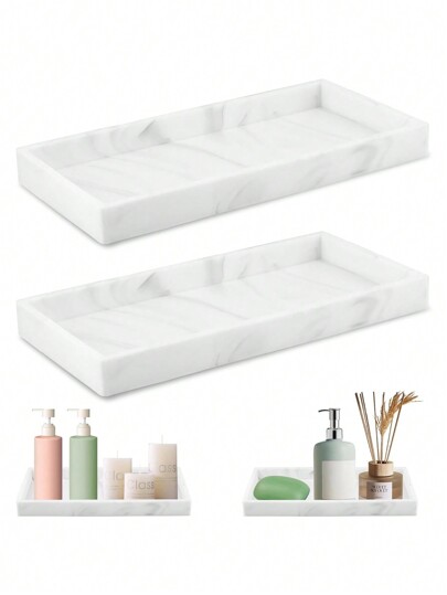 2pcs White Marble Rectangular Decorative Trays, Vanity Bathroom Storage Trays, Bathtub And Kitchen Sink Organizer Home Bathroom Decor Bathroom Organizer Fall Decor Makeup Organizer Back To School