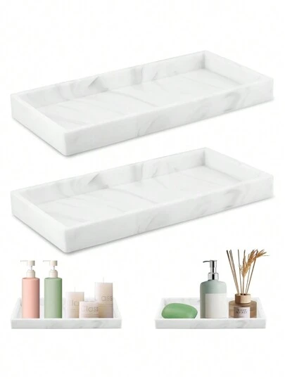 2 st vita marmor rektangulära dekorativa brickor, förvaringsbrickor för badrum, badkars- och diskbänksorganisatör för heminredning badrumsorganisatör höstdekor sminkorganisatör tillbaka till skolan
