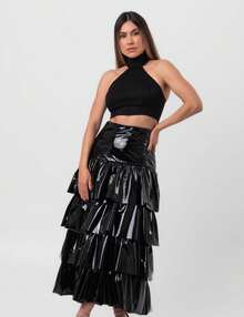 Black Labrava Vinyl Midi Ruffle Skirt - 黑色 - 查看 4
