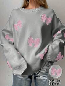 Joy Knit Women's Fashionable Casual Loose Bow Embroidery Decor Crew Neck Sweater, Suitable For Daily Wear, Sports And Commuting, Spring - Grey - View 1