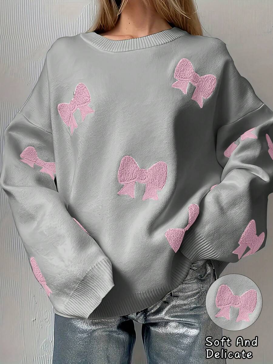 Joy Knit Women's Fashionable Casual Loose Bow Embroidery Decor Crew Neck Sweater, Suitable For Daily Wear, Sports And Commuting, Spring - Grey - View 1