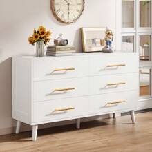 47.5'' Vanity For Bedroom, Modern 6 Drawer Wood Storage Cabinet  Dresser With Metal Handles, Wide Chest Of Organizer Storage Drawers ForBedroom, Living Room, Hallway, Entryway, White - 白色 - 查看 8