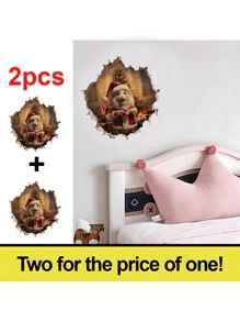 2 pièces Sticker mural de Noël souris avec cadeaux, autocollant mural PVC imperméable, autocollants adhésifs pour décoration de maison pour salon, chambre à coucher, salle de classe, salle de bain, décoration de vacances saisonnière