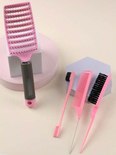 4件套美发造型工具套装，包括镂空顺发梳、尖尾梳、蓬松梳、定型梳，经久耐用，适用于所有发质 - 旅行和专业沙龙的理想之选