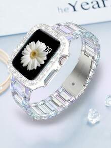2 件女士时尚表带和表壳套装，适用于 Watch Ultra 3 2 1 SE S10 S9/S8/S7/S6/S5/S4/S3/S2 系列的替换表带，38 毫米/40 毫米/41 毫米/42 毫米/44 毫米/45 毫米/46 毫米/49 毫米，PC 透明彩色树脂表带搭配闪亮水晶钻石表壳，可调节不锈钢表扣，中性设计 - 幻彩 - 查看 5