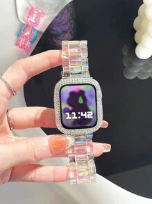 2 件女士时尚表带和表壳套装，适用于 Watch Ultra 3 2 1 SE S10 S9/S8/S7/S6/S5/S4/S3/S2 系列的替换表带，38 毫米/40 毫米/41 毫米/42 毫米/44 毫米/45 毫米/46 毫米/49 毫米，PC 透明彩色树脂表带搭配闪亮水晶钻石表壳，可调节不锈钢表扣，中性设计 - 幻彩 - 查看 3