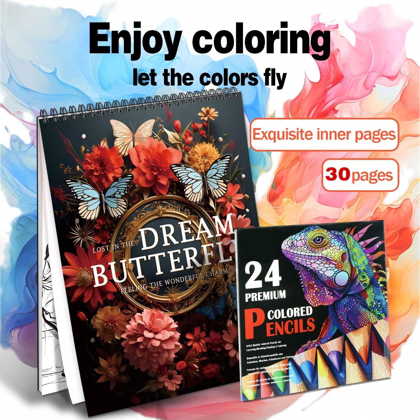 (24 Color Pencils Painting Set) 1pc Fantasy Butterfly Theme Coloring