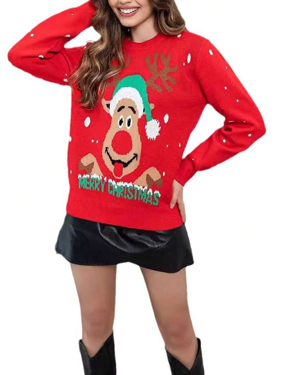 Christmas Reindeer Print Crew Neck Casual Long Sleeve Pullover Sweater - Red - View 1