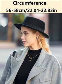 1pc Autumn/Winter British-Style Flat Top Hat, Black, Korean Gentleman's Wool Felt Wide Brim Hat For Women