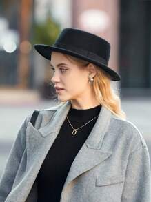 1pc Autumn/Winter British-Style Flat Top Hat, Black, Korean Gentleman's Wool Felt Wide Brim Hat For Women