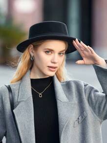 1pc Autumn/Winter British-Style Flat Top Hat, Black, Korean Gentleman's Wool Felt Wide Brim Hat For Women