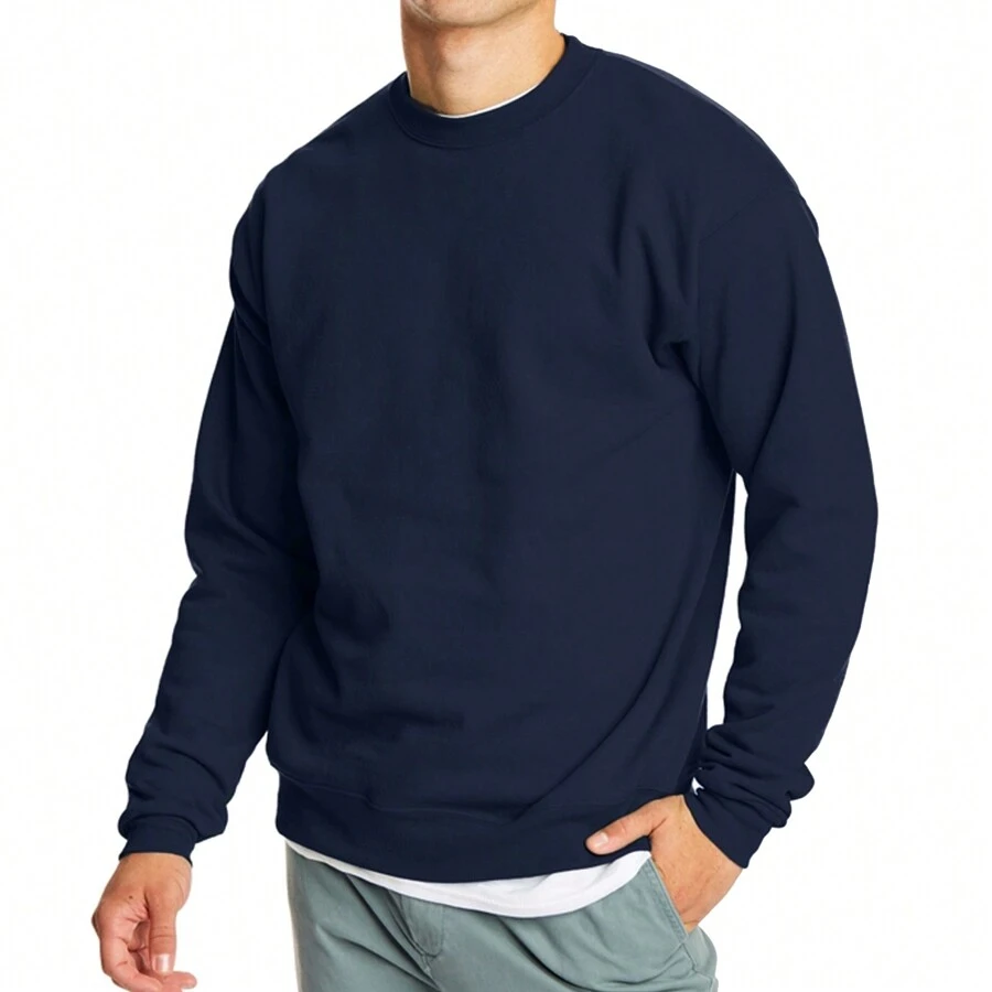 Men's Crew Neck Fleece-Lined Pullover Sweater - 海軍 - 查看 1