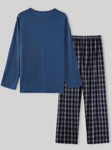 Men's Crew Neck Partial Button Solid Color Long Sleeve Plaid Print Pajama Set