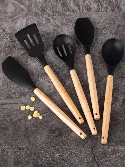5Pcs Kitchen Accessories Tools Kitchenware Cookware Utensil Set Silicone Cooking Utensils With Natural Wooden Handles,5pcs In 1 Set Wooden Handle Kitchenware Non Stick Accessories Silicone Cooking Kitchen Utensil Set Tools,New Year Kitchen Tool,Red Color Silicone Utensil Set