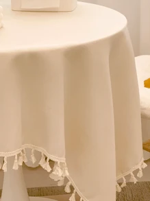 1 chiếc khăn trải bàn tròn màu kem, vải polyester chống nhăn và có thể giặt được, thích hợp cho nhà bếp, phòng ăn, trang trí ngoài trời, khăn trải bàn tua rua vải lanh mộc mạc cho bàn làm việc, bàn cà phê và bàn ăn - Màu be - Xem 9